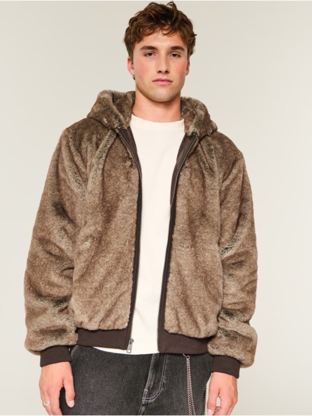 Hollister Men’s Brown Hooded Faux Fur Jacket NWT